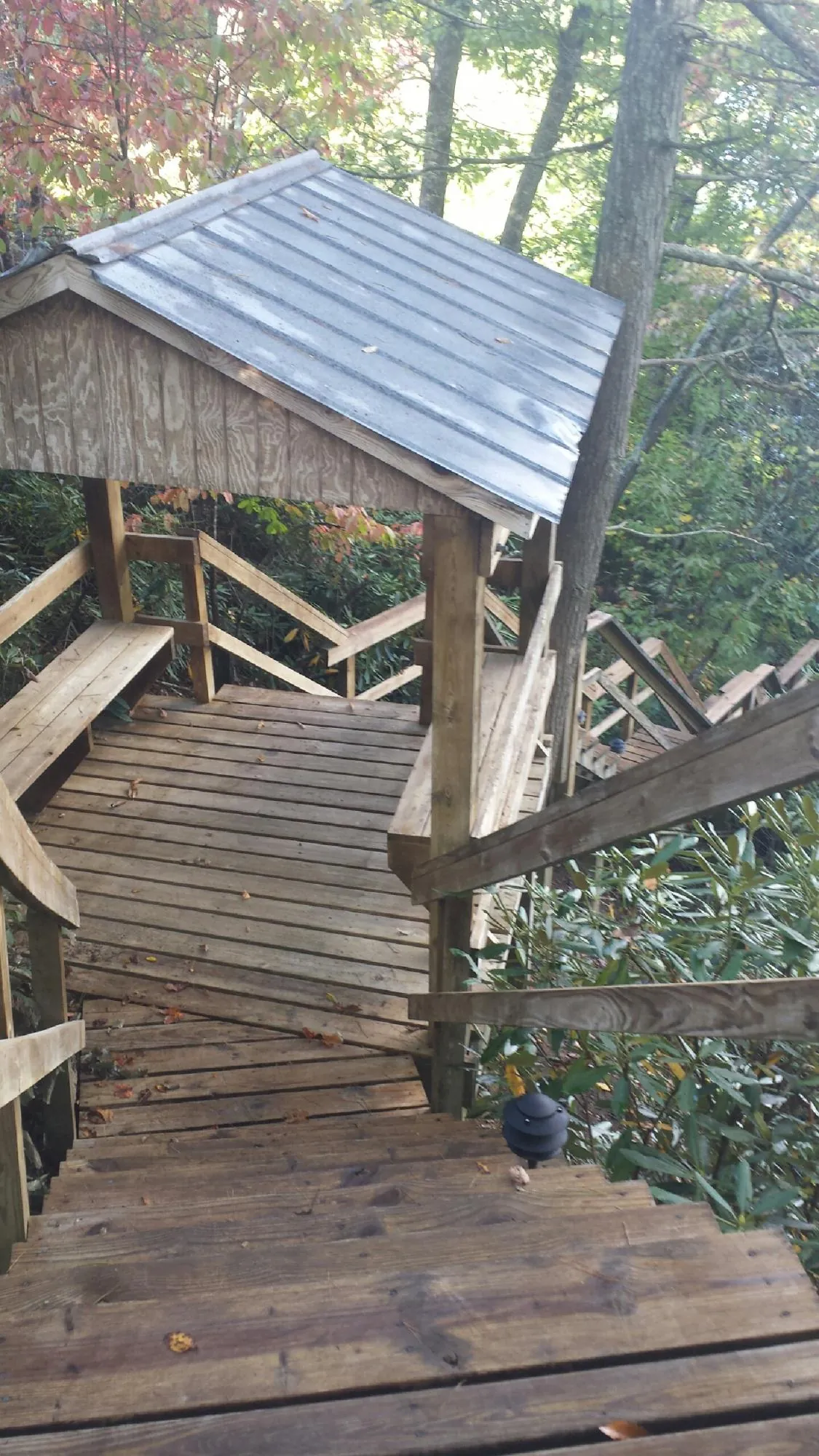 Metal roofed shelter over wooden steps on a wooded walkway — Skylight Repair & Installation work by our crew in La Mesa